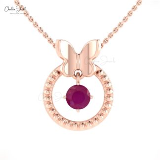 Dangle Round Pendant With 0.47 Ct Ruby Gemstone Minimalist Necklace In 14k Real Gold