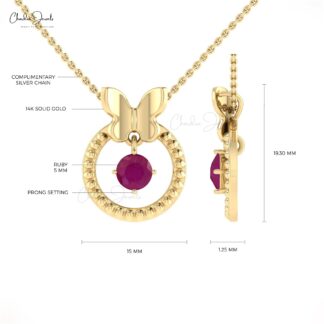 Dangle Round Pendant With 0.47 Ct Ruby Gemstone Minimalist Necklace In 14k Real Gold