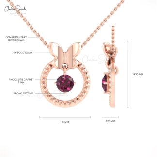 Dangle Rhodolite Garnet Milgrain Pendant In 14k Real Gold Hallmarked Solitaire Jewelry