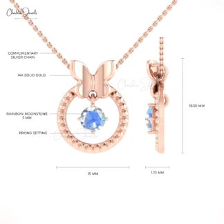 Dangling Single Stone Pendant In 14k Solid Gold Rainbow Moonstone Milgrain Necklace
