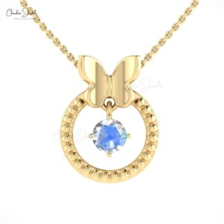 Dangling Single Stone Pendant In 14k Solid Gold Rainbow Moonstone Milgrain Necklace