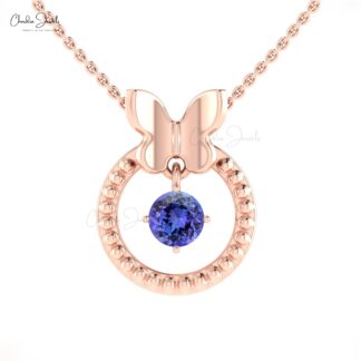 Milgrain Gemstone Pendant In Solid 14k Gold Tanzanite 5mm Round Cut Dangling Necklace