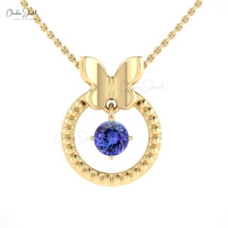 Milgrain Gemstone Pendant In Solid 14k Gold Tanzanite 5mm Round Cut Dangling Necklace