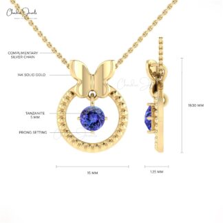 Milgrain Gemstone Pendant In Solid 14k Gold Tanzanite 5mm Round Cut Dangling Necklace