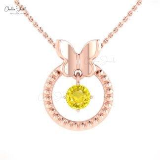 Round Cut Milgrain Pendant With 0.47 Ct Yellow Sapphire 14k Solid Gold Dangle Pendants