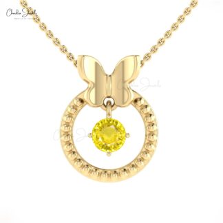 Round Cut Milgrain Pendant With 0.47 Ct Yellow Sapphire 14k Solid Gold Dangle Pendants