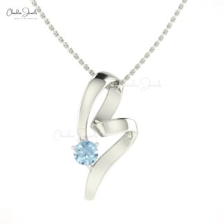 Brilliant Cut Curved Pendant In 14k Solid Gold Aquamarine 5mm Gemstone Everyday Pendants