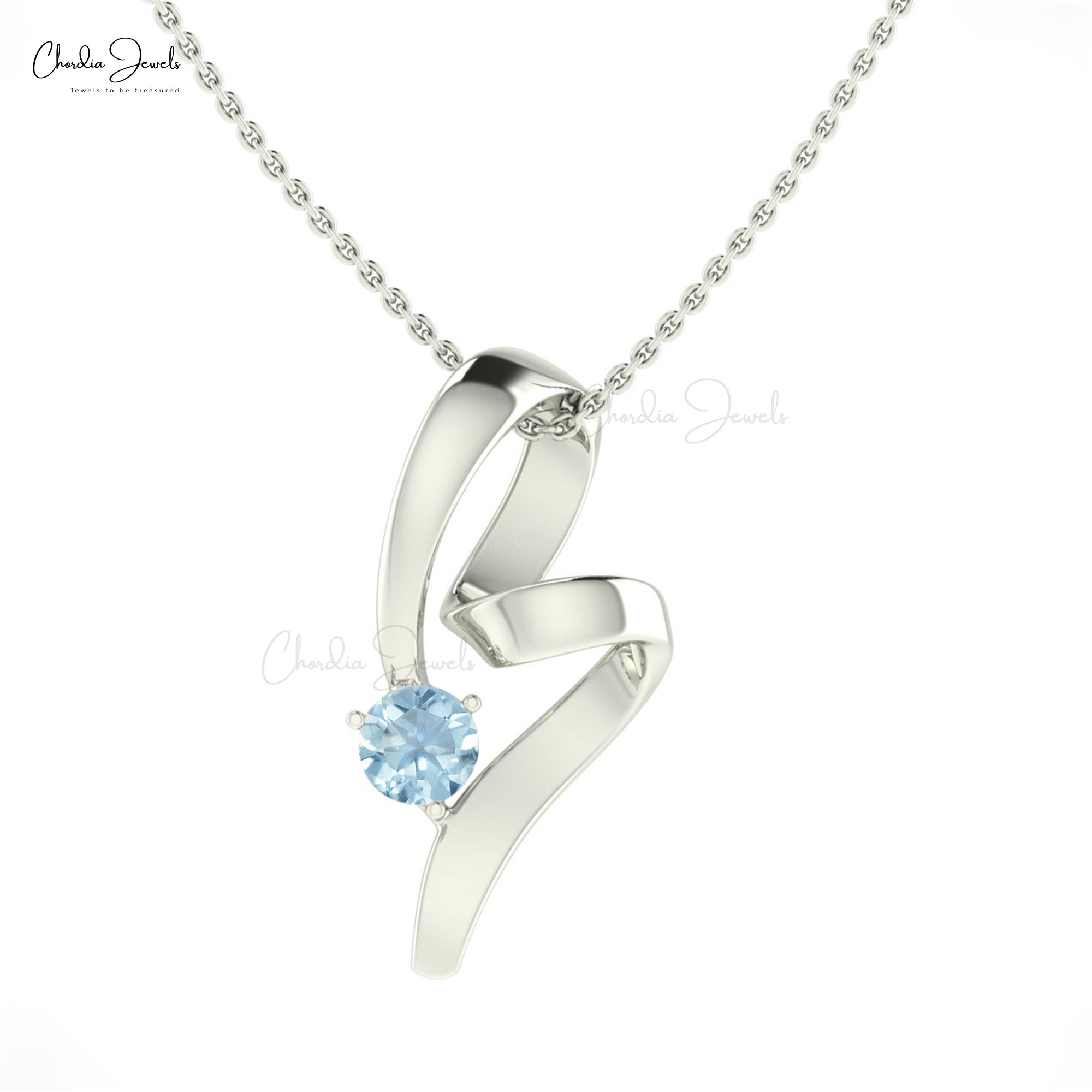 Brilliant Cut Curved Pendant In 14k Solid Gold Aquamarine 5mm Gemstone Everyday Pendants