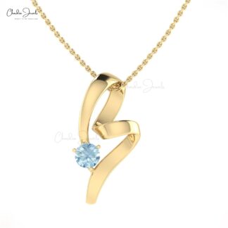 Brilliant Cut Curved Pendant In 14k Solid Gold Aquamarine 5mm Gemstone Everyday Pendants