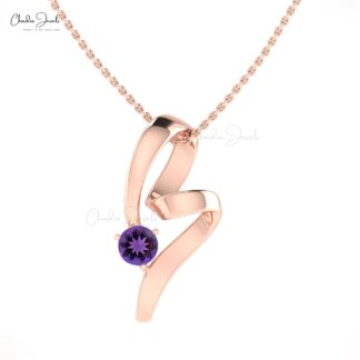 Real 14k Gold Twisted Curv Pendant With 0.42 Ct Amethyst Birthstone Necklace For Her