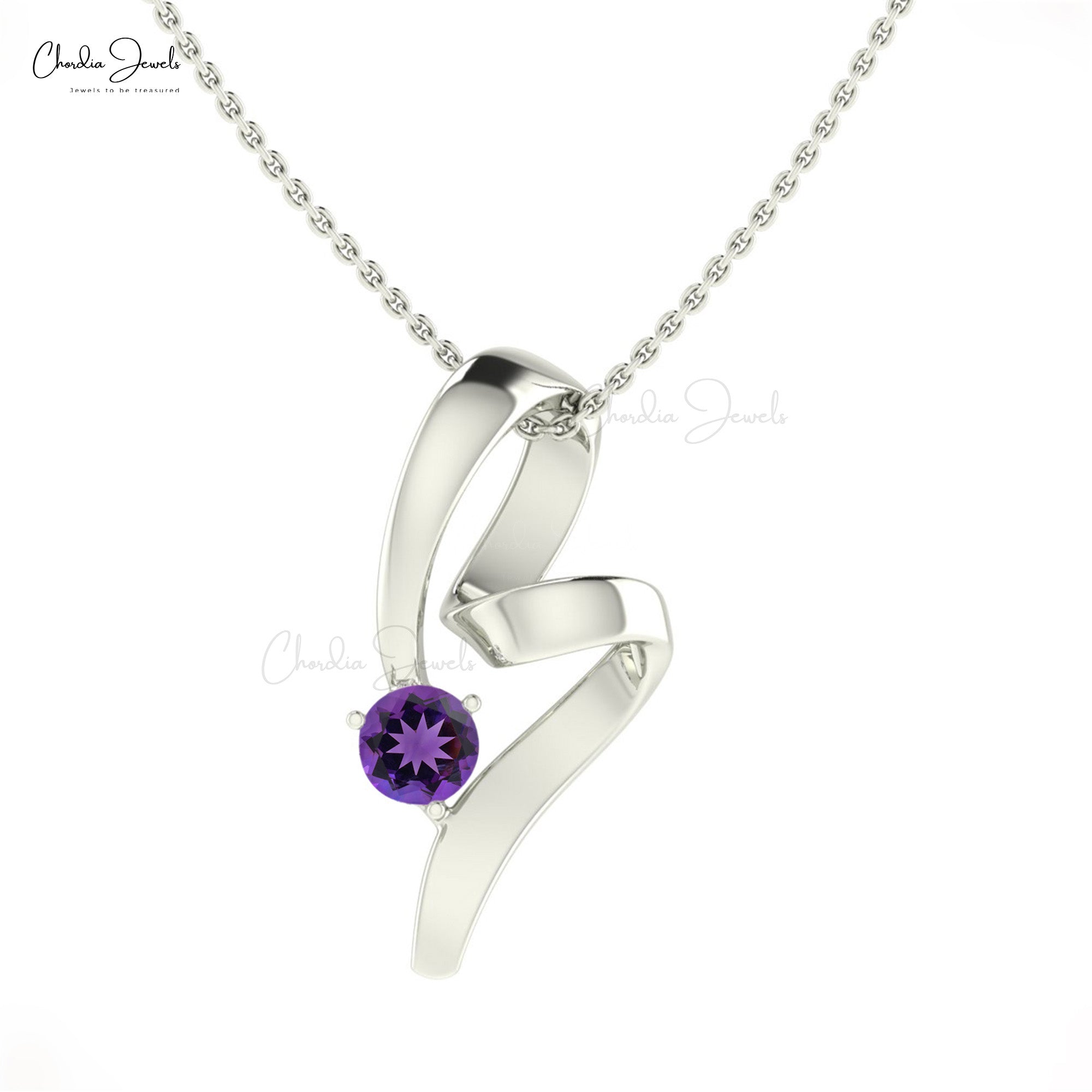 Real 14k Gold Twisted Curv Pendant With 0.42 Ct Amethyst Birthstone Necklace For Her