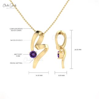 Real 14k Gold Twisted Curv Pendant With 0.42 Ct Amethyst Birthstone Necklace For Her