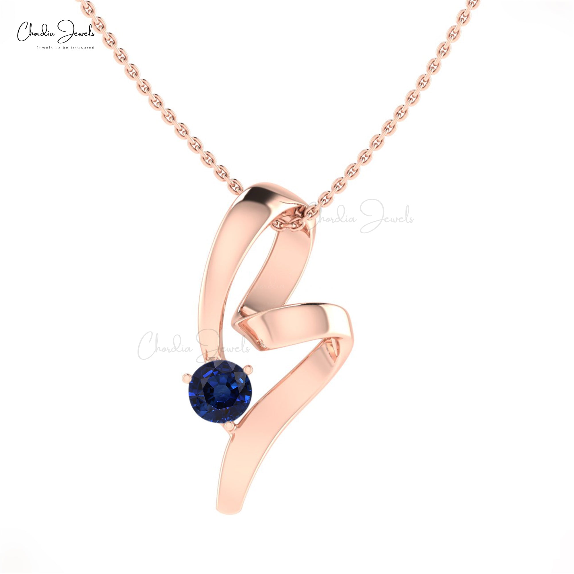 Single Stone Curved Pendant With 0.47Ct Blue Sapphire Twisted Pendant In Real 14k Gold