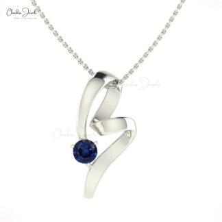 Single Stone Curved Pendant With 0.47Ct Blue Sapphire Twisted Pendant In Real 14k Gold