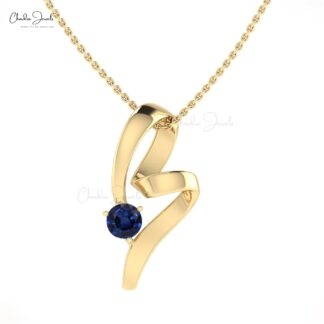 Single Stone Curved Pendant With 0.47Ct Blue Sapphire Twisted Pendant In Real 14k Gold