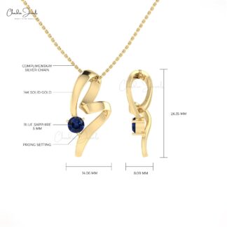 Single Stone Curved Pendant With 0.47Ct Blue Sapphire Twisted Pendant In Real 14k Gold