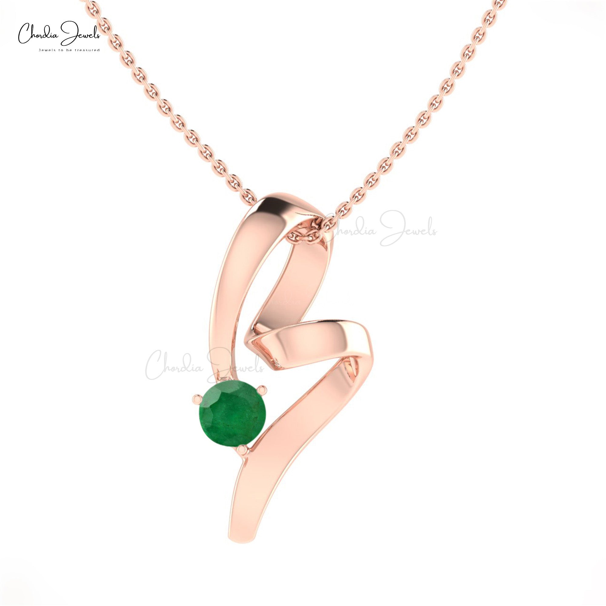 Round Cut Gemstone Pendant With 0.47 Ct Emerald Prong Set In 14k Gold Twisted Pendants