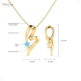 14k Solid Gold Round Shaped Genuine Opal Twisted Pendant