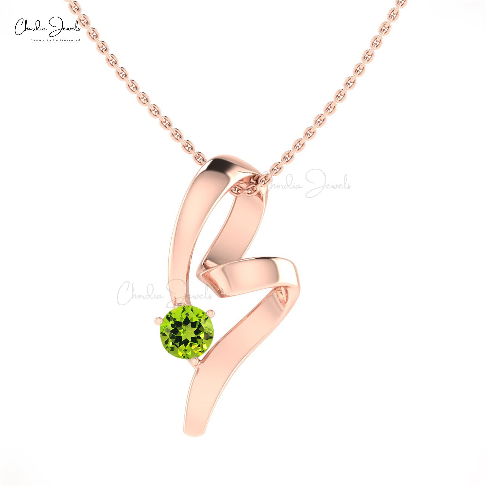 Solitaire Curved Women Pendant In 14k Solid Gold Peridot 5mm Gemstone Twisted Pendants