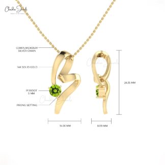 Solitaire Curved Women Pendant In 14k Solid Gold Peridot 5mm Gemstone Twisted Pendants