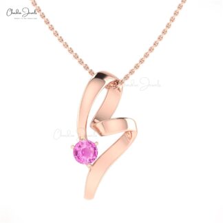Delicate Twisted Pendant In 5mm Pink Sapphire Gemstone Curved Necklace In 14k Real Gold