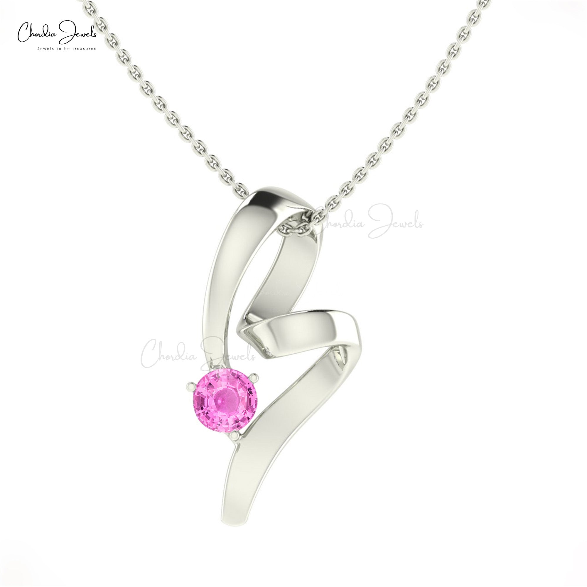 Delicate Twisted Pendant In 5mm Pink Sapphire Gemstone Curved Necklace In 14k Real Gold
