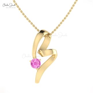 Delicate Twisted Pendant In 5mm Pink Sapphire Gemstone Curved Necklace In 14k Real Gold