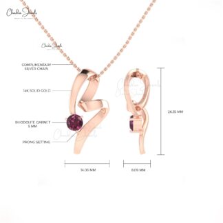 Twisted Single Stone Pendant With 5mm Rhodolite Garnet Curved Necklace In 14k Real Gold