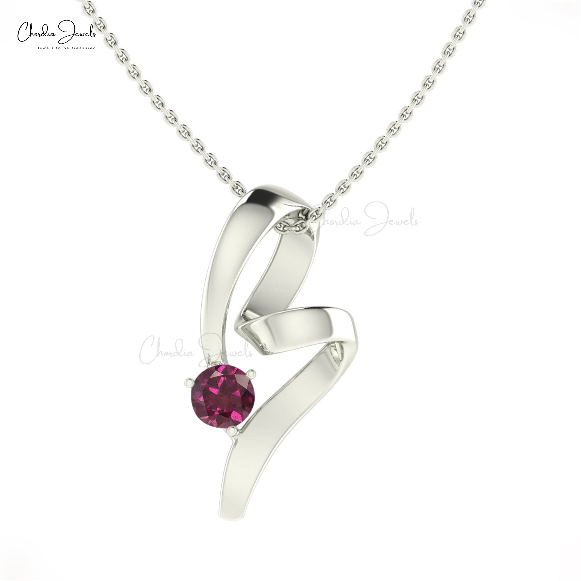 Twisted Single Stone Pendant With 5mm Rhodolite Garnet Curved Necklace In 14k Real Gold
