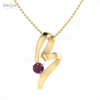 Twisted Single Stone Pendant With 5mm Rhodolite Garnet Curved Necklace In 14k Real Gold