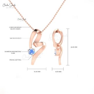 Round Cut Rainbow Moonstone Twisted 14k Gold Pendant