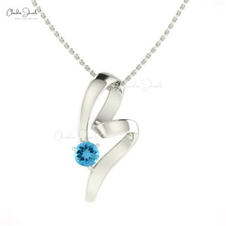 Round Cut Solitaire Swiss Blue Topaz 14k Gold Twisted Pendant
