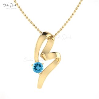 Round Cut Solitaire Swiss Blue Topaz 14k Gold Twisted Pendant