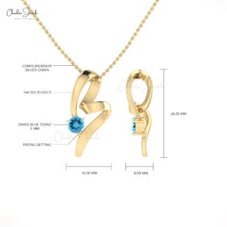 Round Cut Solitaire Swiss Blue Topaz 14k Gold Twisted Pendant