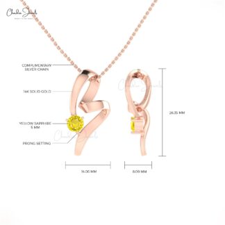 Solid 14k Gold Twisted Pendant In 5mm Yellow Sapphire September Birthstone Necklaces