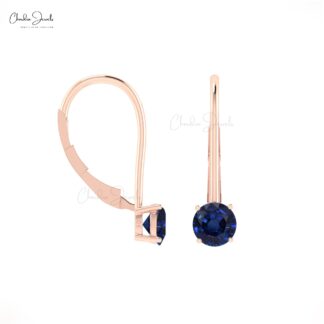 Dangling Round Earrings In Pure 14k Gold Blue Sapphire 5mm Gemstone Solitaire Fine Jewelry