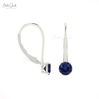 Dangling Round Earrings In Pure 14k Gold Blue Sapphire 5mm Gemstone Solitaire Fine Jewelry