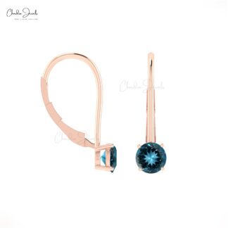 Dangle Latch Back Earring In 14k Solid Gold London Blue Topaz 5mm Round Solitaire Earrings