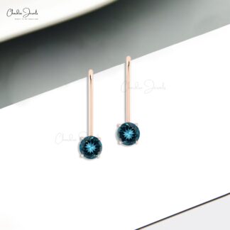 Dangle Latch Back Earring In 14k Solid Gold London Blue Topaz 5mm Round Solitaire Earrings