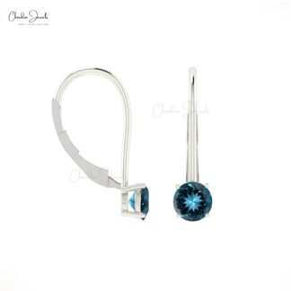 Dangle Latch Back Earring In 14k Solid Gold London Blue Topaz 5mm Round Solitaire Earrings