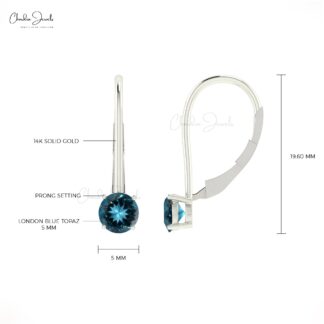 Dangle Latch Back Earring In 14k Solid Gold London Blue Topaz 5mm Round Solitaire Earrings