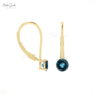 Dangle Latch Back Earring In 14k Solid Gold London Blue Topaz 5mm Round Solitaire Earrings