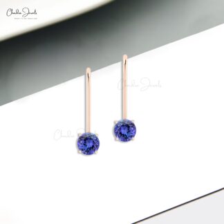 Natural Tanzanite Dangling Earrings In Real 14k Gold Gemstone 5mm Round Cut Fine Jewelry