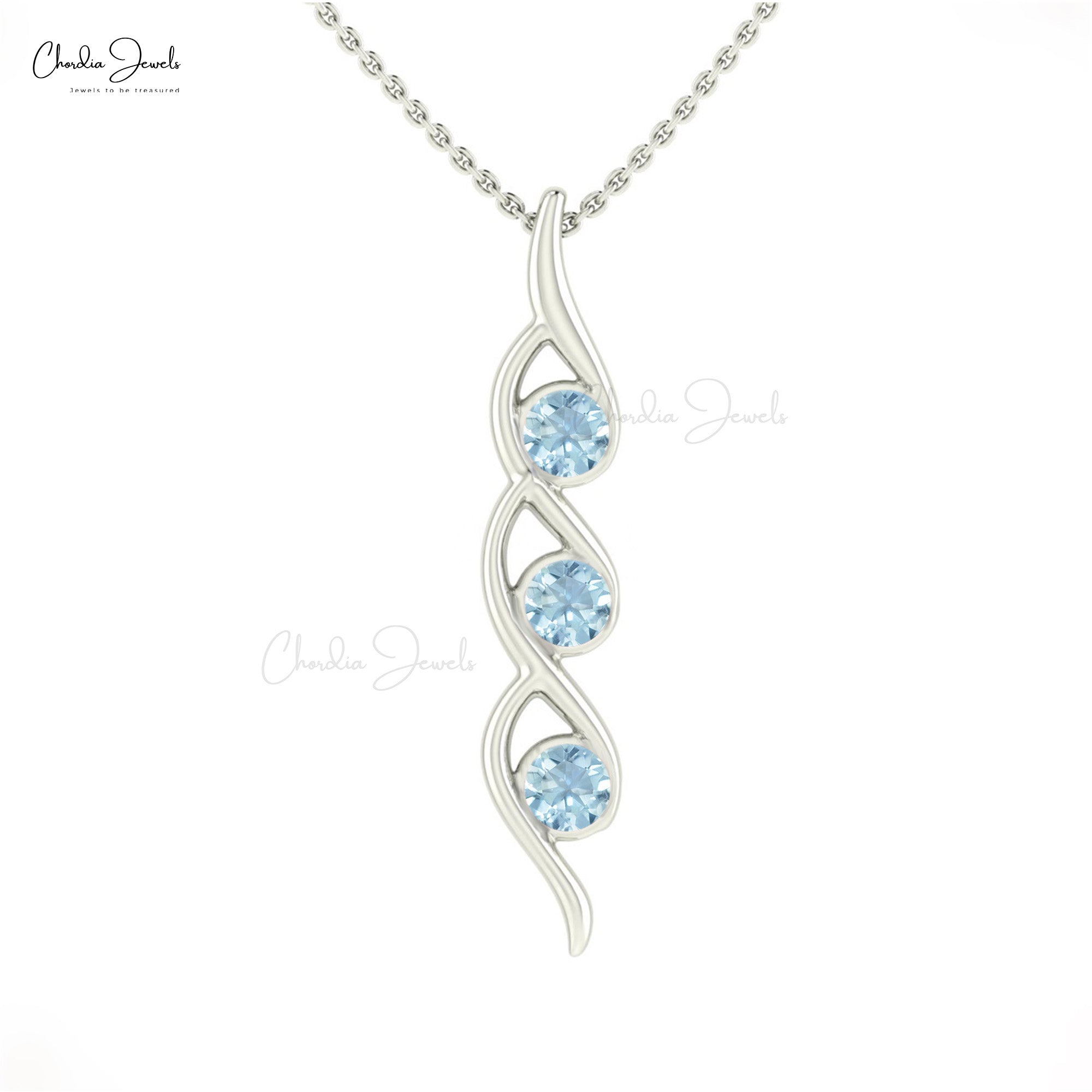 Authentic Aquamarine 14k Gold Twisted Three-Stone Pendant