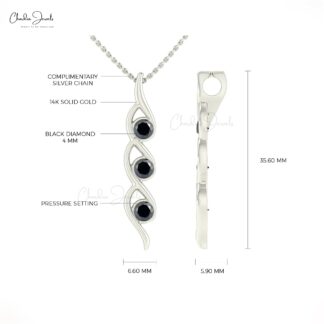 Twisted Black Diamond Pendant With 4mm Round Cut Pave Set In 14k Real Gold Necklace