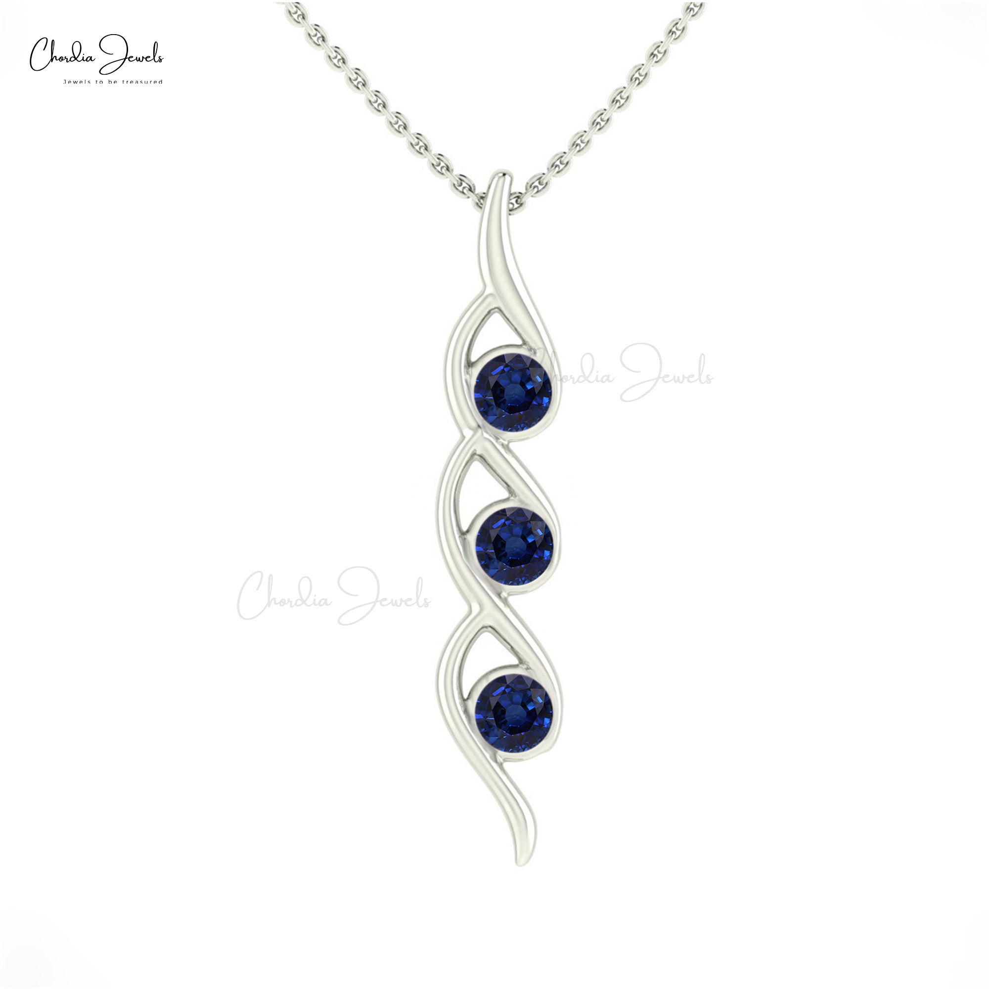 AAA Blue Sapphire Twisted Pendant With 4mm Gemstone Pave Set In 14k Real Gold Fine Jewelry