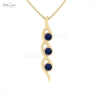 AAA Blue Sapphire Twisted Pendant With 4mm Gemstone Pave Set In 14k Real Gold Fine Jewelry