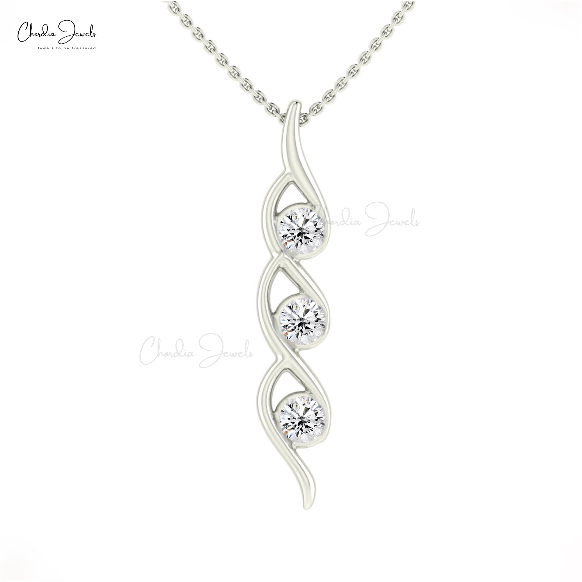 Three Stone 14k Solid Gold With 0.69Ct Trio G-H Diamond Twisted Pendant