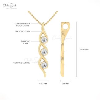 Three Stone 14k Solid Gold With 0.69Ct Trio G-H Diamond Twisted Pendant