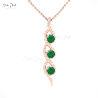 Three Stone Twisted Pendant In 14k Real Gold Zambian Emerald 0.69 Ct Gemstone Pendants